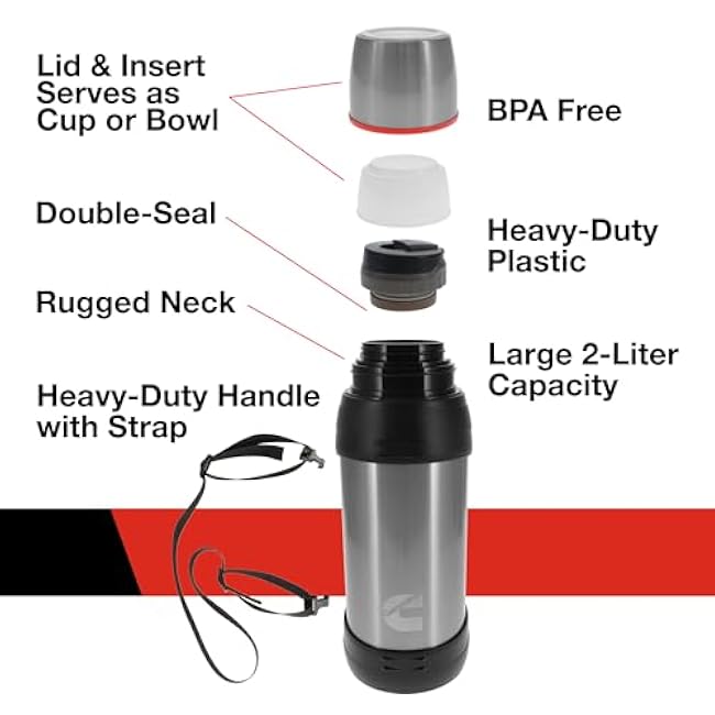 Cummins CMNTHERMOSSS Large 2-Liter Stainless Steel Insulated Water Bottle 67-Ounce Vacuum-Insulated Thermal-Chrome and Red