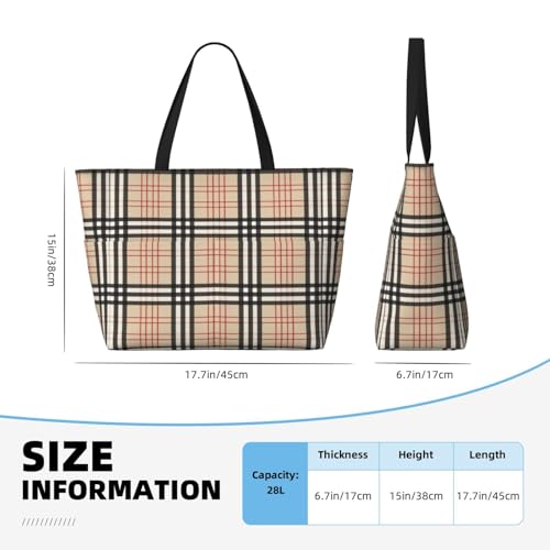 Beige Plaid Tartan Checkered Beach Bag Women Tote Bag Pool Bag With Zipper For Gym Grocery Travel With Wet Pocket, Black3