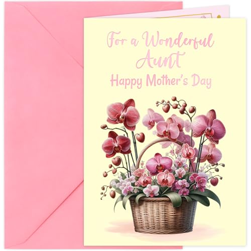 ceiba tree Happy Mother's Day Card for Aunt with Envelope Message inside 5X7 inch Moth Orchid‌ Flower Basket Design from Niece Nephew