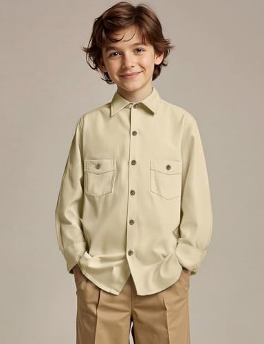 JOGAL Boys Stretch Denim Shirt Long Sleeve Button Down Shirts Casual Shirts with Two Pockets for Kids 6-14 Years2