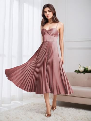 A-Line Satin Bridesmaid Dresses for Women Pleated Tea Length Spaghetti Straps Corset Wedding Guest Dress2
