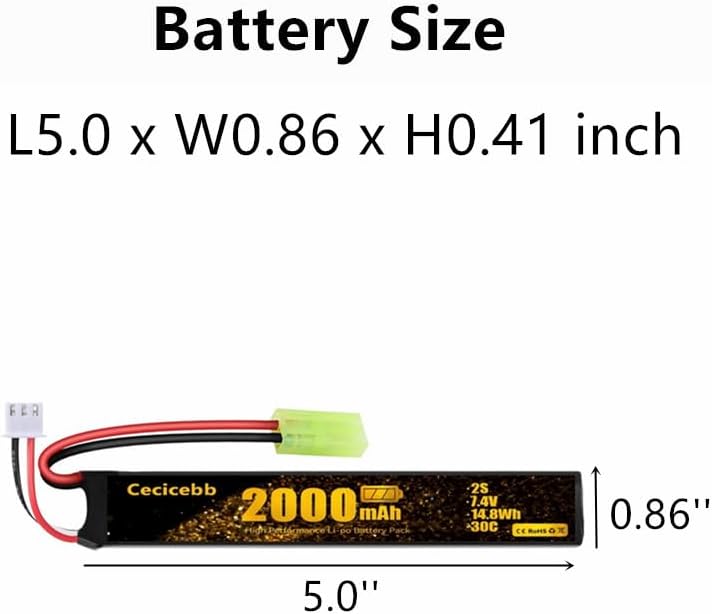 Miniatura 3 de Batería Airsoft 7.4V 2000mAh 30C con Mini Tamiya Plug para Airsoft Modelo Pistolas Recargable 2S Lipo Batería 2 Pack con 7.4V USB Cargador Cable