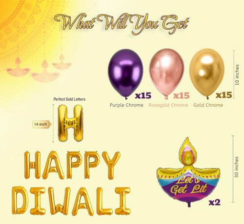 Image of AMFIN (Pack of 48) Happy Diwali Diya Shape Foil Balloon with Chrome Balloons - Multi