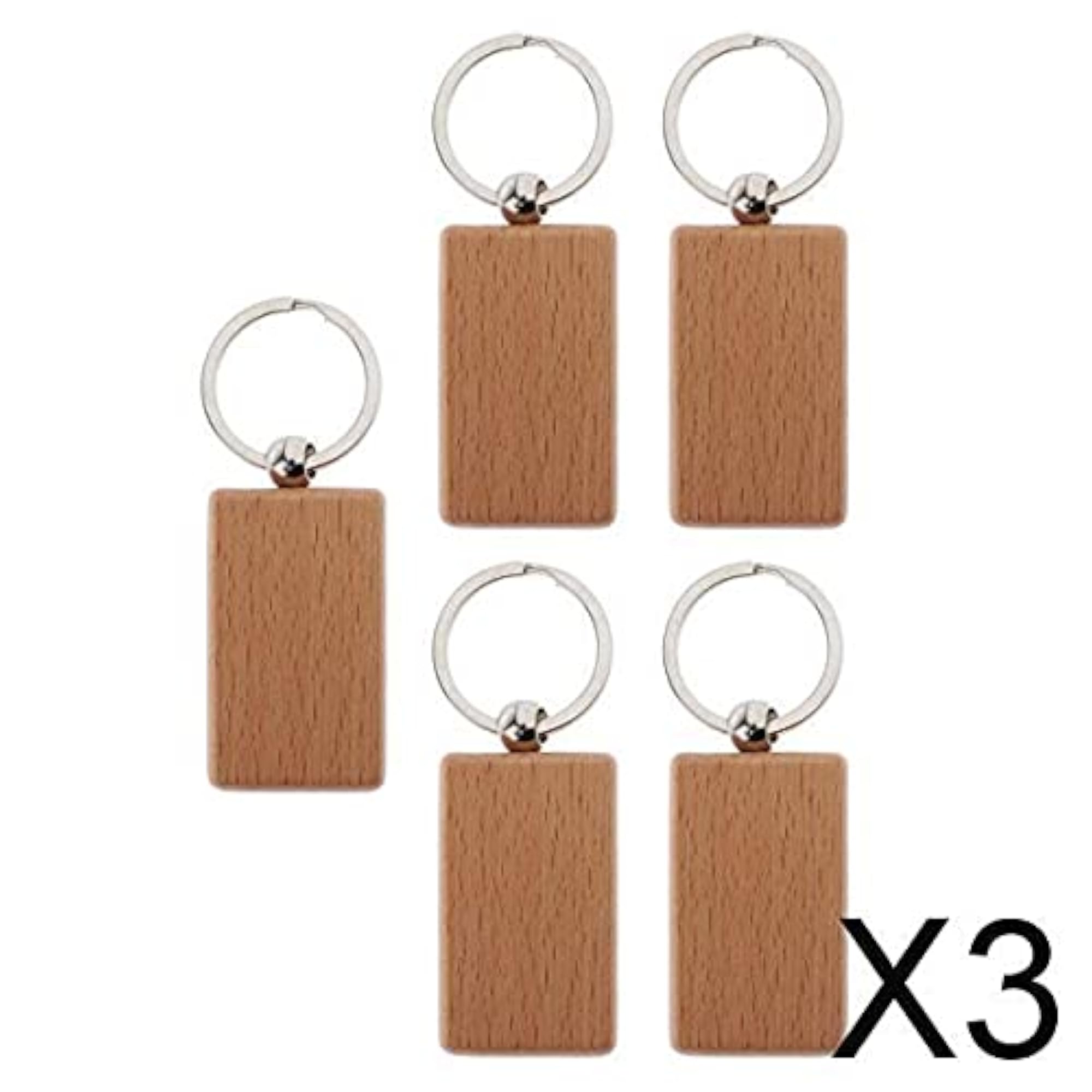 3x5Pcs Blank Round Rectangle Wooden Key Chain Rings DIY Key Tags Charms 5x3cm