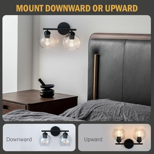 Image of Black Bathroom Light Fixtures, 2 Light Bathroom Vanity Light with Globe Glass Shades, Modern Farmhouse Vanity Lights Over Mirror, Matte Black Wall Lights for Bedroom Restroom, E26 Socket