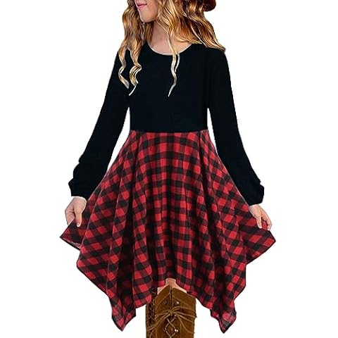 KYMIDY Girls Buffalo Check Plaid Dress Long Sleeve High Low Christmas Dresses with Pockets for Kids 10 Years, Red1 Cover