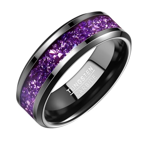 NUNCAD Black Tungsten Ring, Men's Wedding Rings with Blue/Amethyst/Galaxy Opal Ring 4mm 8mm Engagement Promise Ring Comfort Fit Size 5-12