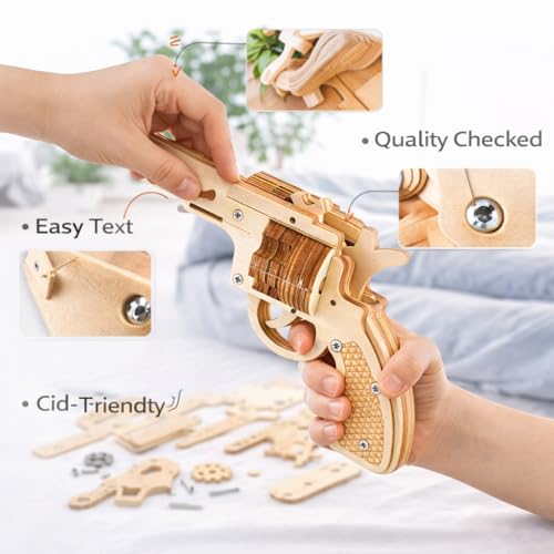 Image of Wooden Rubber Band Gun Toy DIY STEM Building Kit for Kids 8+ | Safe Educational Revolver Model | Learning & Creativity Toy(Revolver Rubber Band Gun)