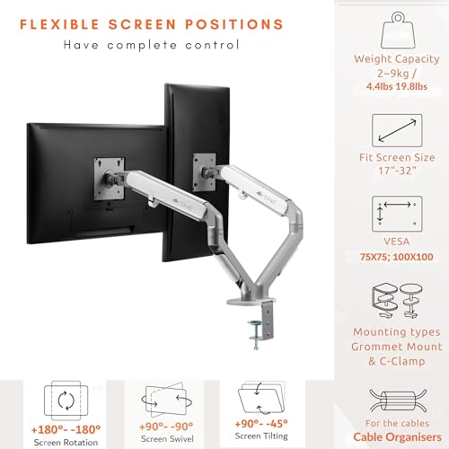 Image of ARTIKEL Monitor Desk Mount Adjustable Spring Assisted Monitor Arm VESA Mount with C Clamp Grommet Mounting Base Computer Monitor Stand (Sleek White, Dual)