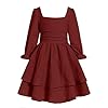 JiAmy Kid Dresses Girls Puff Long Sleeve Casual Elegant A Line Princess Midi Swing Skater Party for Teenagers Gown Prom for 11-12 Years,Wine Red