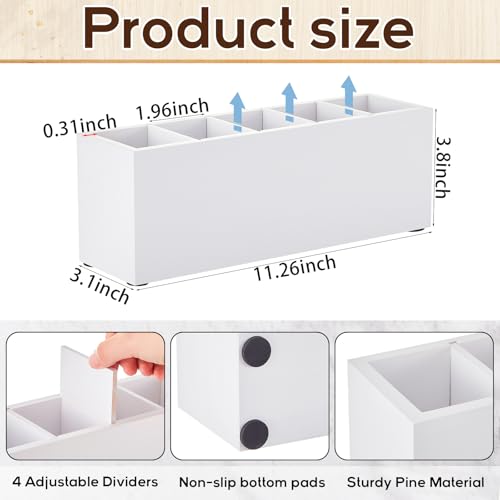 Image of Jetec Wooden Pencil Pen Holder for Desk 5 Compartments Cosmetic Makeup Brush Stationery Office Desktop Organizers for Countertop Adjustable Silverware Caddy for Party, Art Supplies,Home(White)