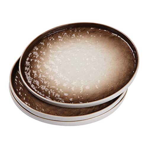 BonNoces 10-inch Porcelain Dinner Plate Stone Texture Unique Design Large Round Serving Plate Set Perfect for Steak PastaFruit and Salad Set of 3 Brown