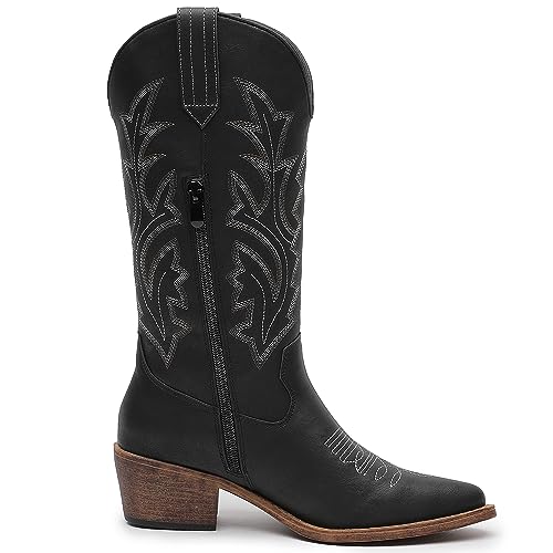 Image of GLOBALWIN Women's Mid Calf Western Cowboy Boots Cowgirl Boots for Women with Floral Embroidery Side Zipper Chunky Heel