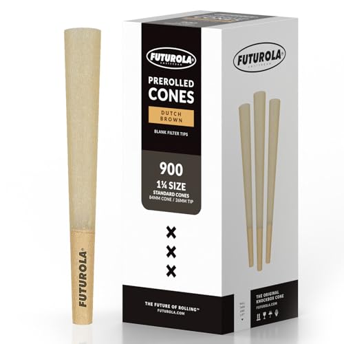 Futurola Unrefined 1 ¼ Cones (Dutch Brown, Pack of 900, 84mm Cone, 26mm Filter) – Handcrafted with Ultra-Thin French Rolling Paper – Includes Futurola Tip