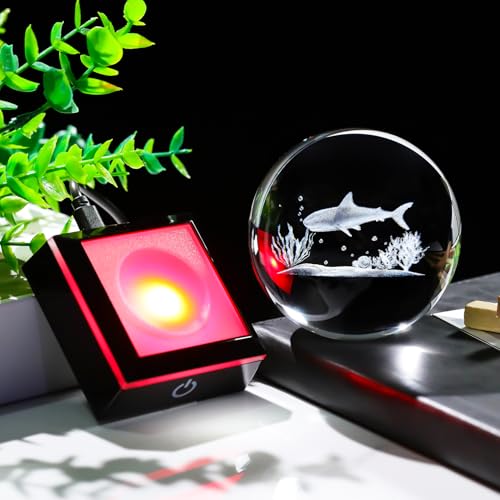 Image of Arikyrist 3D Crystal Ball Shark Figurine with Colorful Light Base, Shark Gifts for Shark Lovers Women Men on Christmas Birthday, Laser Engraved Glass Shark Ornament Globe for Home Office (80mm)