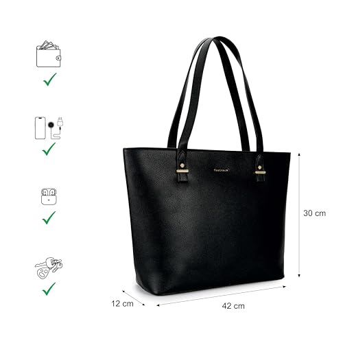 Image of Fastrack PowerCarry Tote for Women, Semi-PU Faux Leather Tote with Zip Closure and Comfy Strap, Spacious 15.12L Handbag for Office, College, or Casual Outfits, Large Tote Bag for Women