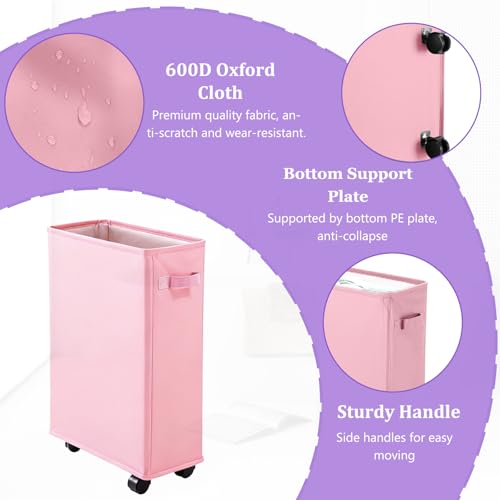Image of 42L Slim Laundry Basket with Wheels, Rolling Laundry Hamper for Small Spaces, Collapsible 600D Oxford Dirty Clothes Basket with Brake & Handle, Narrow Laundry Basket for Dorm, Bathroom, Pink