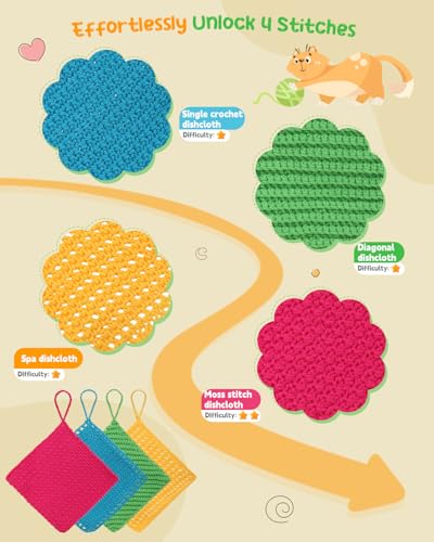 Image of Katech Crochet Kit for Beginner Adults, Dishcloth Beginner Crochet Kit for Adults Learn to Crochet, Crochet Starter Kit Contain Detail Instruction Soft Yarn and Crochet Hook Supplies