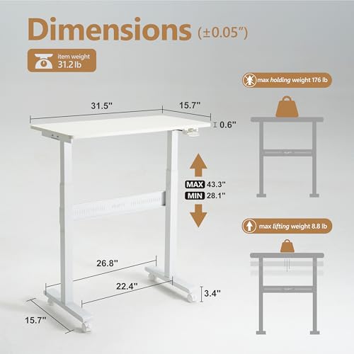 Non-Electric Auto-Lifting Standing Desk, No Knobs or Crank, Cordless, Rolling and Mobile, Great for Walking Pad, Adjustable Height 28.1'' to 43.3'', Desktop Size 31.5'' by 15.7'', Color White