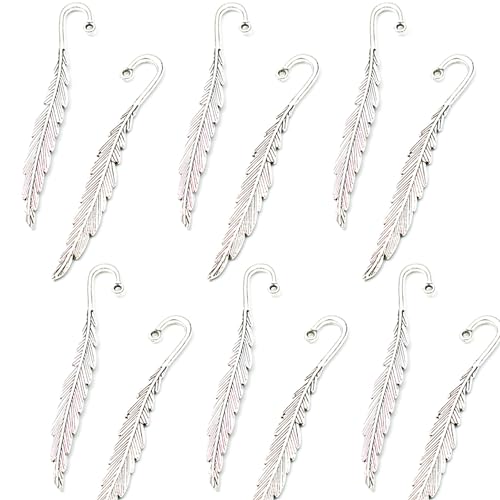 12 marcadores XIAOBUU de metal em forma de pena, pendente retro de liga para decoração de livros, marcador de página, decoração de artesanato, bronze, prata, orifício suspenso (prata, 114 x