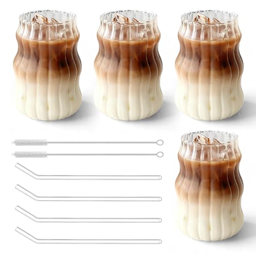 SUNOYA Verres à Café, 4PCS Tasses à Cappuccino Verre 530ml, Tasse à Café en Verre, Verres à Latte Macchiato, Verresà Thé Ondulés, Tasses à Latte Macchiato pour Latte, Thé, Glace, Lait, Bière