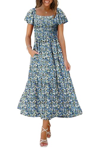 OFEEFAN Maxi Dress for Women Casual Smocked Dress Sun Dresses Floral Midi Dress Blue XL