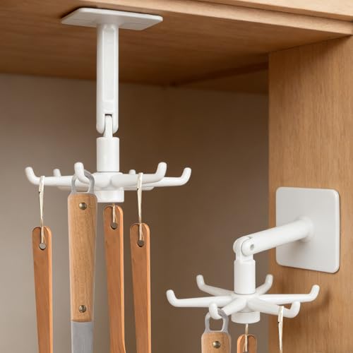 Multi-Purpose Under Cabinet Kitchen Utensil Hook, 360° Rotating Utensils Hanger Hook for Kitchen and Bathroom Hanging Rack for Tools/Towel/Knife/Scoop(White)