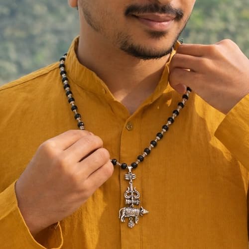 Image of Karungali Malai 8mm Certified with Divine Trishool Nandi Pendant Silver Plated Original | 54 Beads Authentic Black Ebony Wood Mala with German Silver Cap for Men & Women | Spiritual Protection, Energy Balance & Daily Pooja Wear - 1 Piece