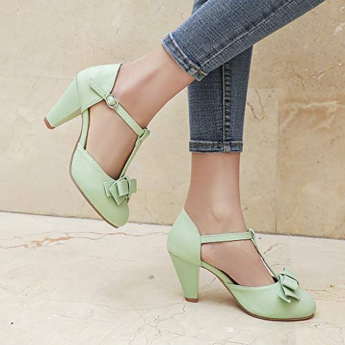 Shinelly Women Rockabilly Sweet T-Strap Cone Heel Mary Janes Adorable Round Toe Pumps With Bows(Mint Green,Us Size 8) #TOP5