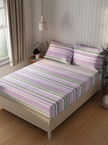 Image of KOPA Extra Smooth Cotton Double Bedsheet with 2 Pillow Covers -3pc Set (Lopez) | Extra Smooth Cotton | 1 Double Bedsheet with 2 King Size Pillow Covers Stripe-Purple /Grey