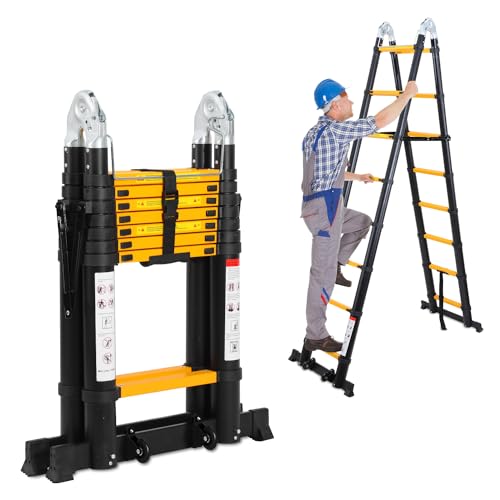 Herrselsam Teleskopleiter A-Rahmen, 3.8m(1.9m+1.9m) Klappleiter Alu Multifunktionsleiter mit Stabilisator Bar und Rädern, Rutschfester, Max Belastung 150 KG, Schwarz Gelb