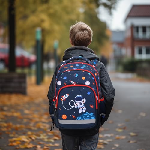 School Backpack Kids Bookbag Set-with Lunch Bag & Pencil Case Elementary Preschool Kindergarten Supplies for Boys Large Capacity Backpack Set (Dark Blue Space)2