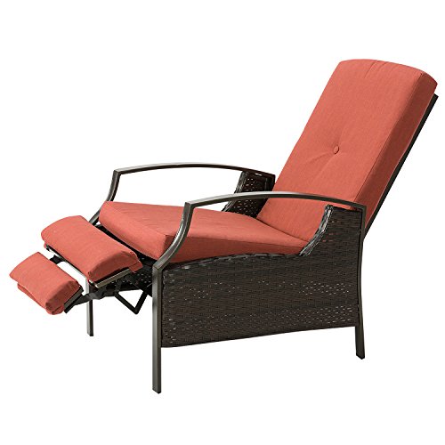 AbocoFur Patio Wicker Adjustable Recliner Chair, Outdoor Relaxing Lounge Chair with Thick Removable Cushion, Steel Frame Rattan Sofa for Garden, Backyard, Porch, Water Resistant, Red
