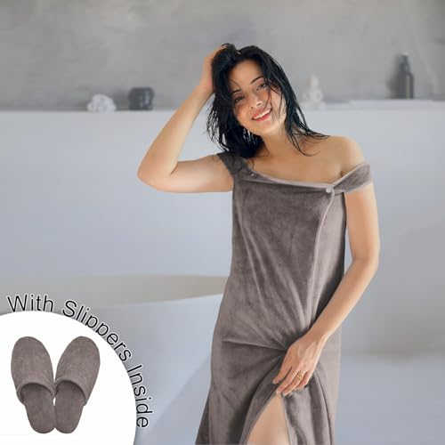 Image of Sassoon Venir Microfiber Bath Wrap Towel with Slippers for Women (Pack of 1) - Sandstone Color
