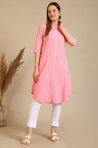 Image of Aurelia Women's Pink Stripe Pure Cotton A-line Kurta