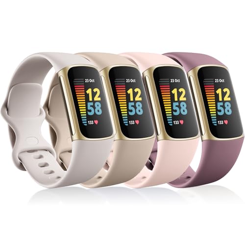 CeMiKa 4Pack Soft Silicone Sport Bands for Fitbit Charge 5/6, Breathable Waterproof Adjustable Wristbands, Small/Large