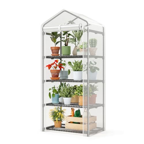 SUPERLELE 4 Tier Mini Greenhouse for Indoor Outdoor, 19.3x27.2x62in Portable Plant Greenhouse with Adjustable Shelves, Reinforced PE Mesh Cover, Heavy Duty Steel Frame, Waterproof for Balcony Patio