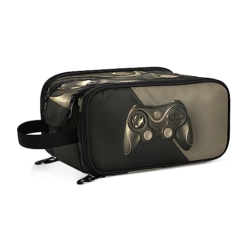 Vintage Black Gamepad on a Black Background Gaming Women's Portable Makeup Bag with Handle, Cosmetic Bag, Travel Cosmetic Bag Durable Toiletry Storage Organizer 11 x 7 x 5.7 inch