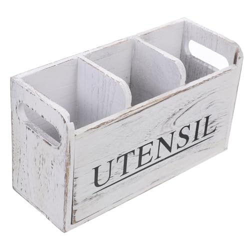 Sosoport Rustic Wooden Cutlery Holder Kitchen Utensil Organizer with Compartments Farmhouse Style Countertop Storage for Forks Spoons and Miscellaneous Items