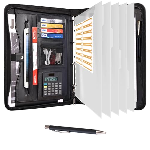 Eshow Portfolio Organizer - 3 Ring Binder with Zipper, Vegan Leather Business Padfolio Folder with Notepad Includes 5 Clear Sheet Protectors for Documents Files for Men Women