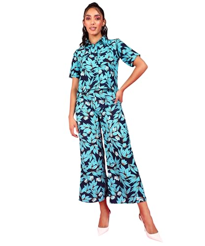 Image of POPWINGS Casual Floral Printed Monochrome Crop Shirt and Trouser Co-Ords Set for Women | Top and Bottom Set for Women |Printed Shirt and Trousers Set | Women Collar Shirt and Trousers Set Summer Wear