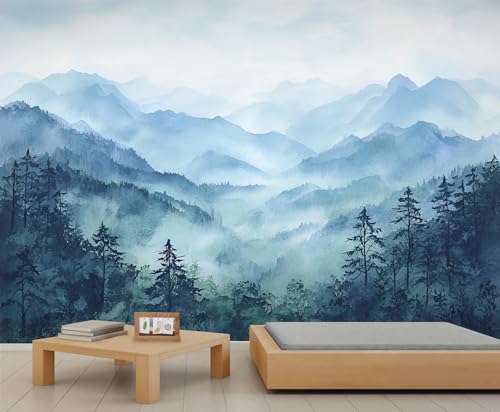 RIPUEJI Watercolor Wall Murals, Mountain Mural Wallpaper, Light Blue Wall