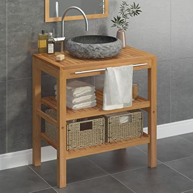 Enhance Bathroom Organization with Solid Teak Vanity Cabinet, Marble Sink, Includes Storage Baskets, Stylish Black Finish