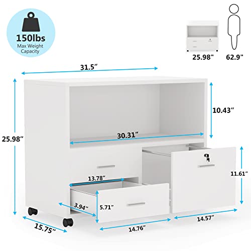 Tribesigns 3 Drawer File Cabinet With Lock, Mobile Lateral Filing Cabinet With Rolling Wheels, Large Printer Stand With Open Storage Shelves For Home Office (White) #TOP5