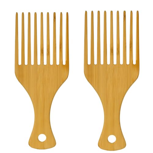 2 Pack Bamboo Afro Hair Pick Comb Set Natural Anti-Static Wide Tooth Detangling Combs for Curly Thick Long Hairs 9 Teeth Wooden Hair Picks for Women Men Hairs Styling Tool