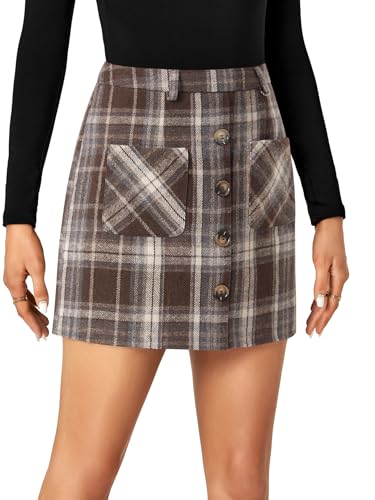 LYANER Women's Fall Winter Plaid Mini Skirt High Waist Button Zipper Bodycon Pencil Short Skirts with Pockets4