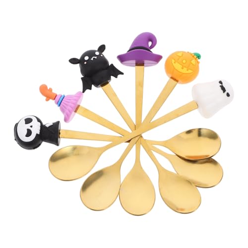 Alipis 6pcs Halloween Spoons with Bat Skull Pumpkin Witch Hat Ghost Stainless Steel Soup Milk Coffee Stirring Spoons Ice Cream Dessert Cake Spoons for Espresso Sugar Golden