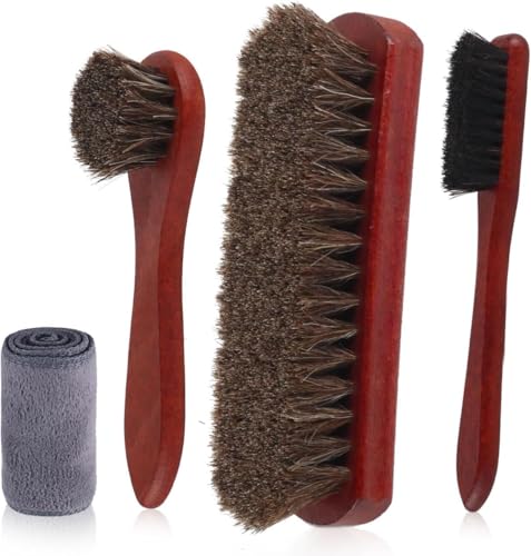 Horsehair Shoe Brush Kit - 4 Pcs Premium Cleaning Set With Microfiber Cloth for Leather Boots and Shoes Care - Polish Dauber Applicator With Edge Brush