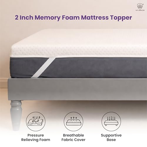 Image of MY ARMOR 2 Inch Memory Foam Mattress Topper, Soft Mattress Padding for Bed with Zipper Cover, White, Single Size, 72 inchx36 inch (6 ft x 3 ft)