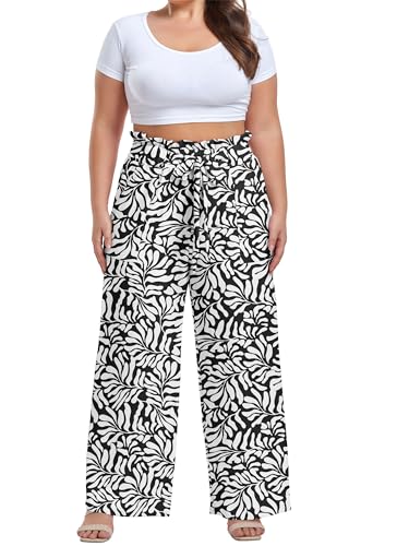 Image of OLRIK Women's Plus Size Pants Adjustable High Waisted Wide Leg Palazzo Pants Casual Trousers with Pockets Spring Clothes